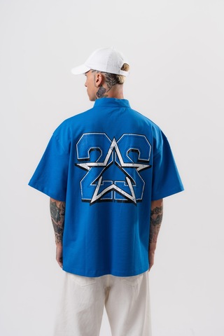 Respire Erkek 22 Baskılı Yarım Fermuarlı Oversize T-shirt Mavi