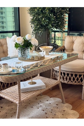 Paris Bahçe Balkon Bambu Rattan Oturma Grubu Bambu - Krem