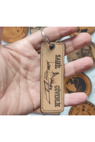 Sahil Güvenlik Deri Anahtarlık - Arma - Leather Key Holder Bej