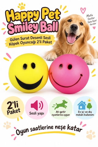 Happy Pet Smiley Ball Gülen Surat Desenli Sesli Köpek Oyuncağı 2 Li Paket