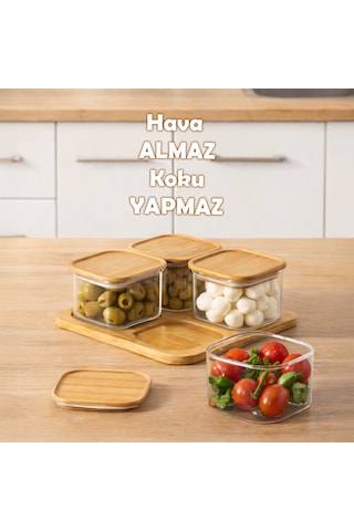 Porsima Hf009009 Kare 4lü Hava Geçirmez Bambu Standlı Cam Kahvaltılık Seti Bambu Kapaklı Saklama Kabı 250ml Şeffaf