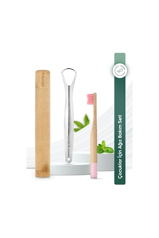 Tbrush Pembe Bambu Diş Fırçası - Soft (yumuşak) + Paslanmaz Çelik Dil Temizleyici + Diş Fırçası Kabı