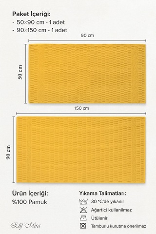 Banyo Havlu Seti %100 Pamuk 2 Parça 50 90 + 90 150 Cm Soft Comfort Sarı