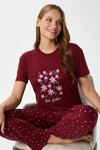 Ritnice Kadın Garden Yumuşak Doku Bordo Çiçek Desen Bisiklet Yaka Kısa Kollu Alt Üst Pijama Takımı