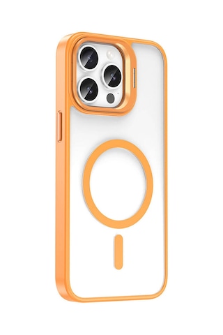 Mobilteam Apple iPhone Uyumlu 14 Pro Max Kılıf Magsafe Şarj Özellikli Standlı Magsafe Klon Lensli K Turuncu