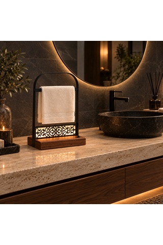 Pilli Led Işıklı El Havluluğu, Ahşap Tabanlı Ayaklı Banyo Havlu Standı Siyah