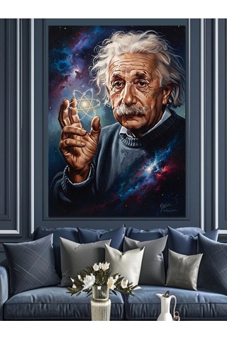 Bilim İnsanı Einstein Yıldızlar Arasında Dekoratif Kanvas - Mdf Ahşap Tablo