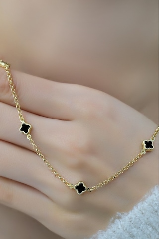 Siyah Mineli Yonca Kolye Zincir 14 Ayar Sarı Altın