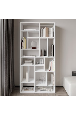 Nicola Kitaplık 18 Raflı, Modern Kütüphane Beyaz