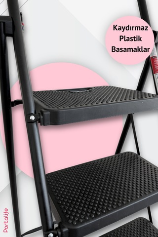 Portalife 4 Basamaklı Konfor Tutacaklı Çelik Şık Merdiven - Siyah 200 Cm'ye Kadar