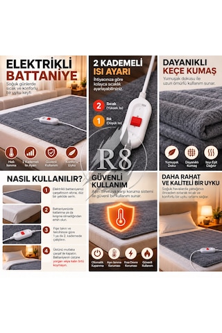 R8 Çift Kişilik Elektrikli Battaniye 2 Kademeli Isı Ayarlı Aşırı Isınma Korumalı Çok Renkli