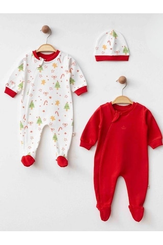 Zekids Bebek 3 Lü Yılbaşı Temalı Şapkalı Organik Bebek Tulum Seti-16182 Çok Renkli