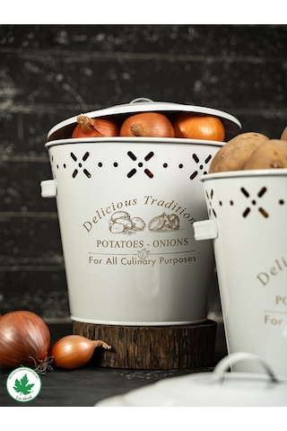 Lüx Metal Patates Soğanlık Kovası Sebze Saklama Kabı Beyaz