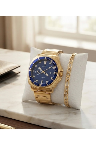 Erkek Bezel Kol Saati Bileklik Hediyeli Yeşil Kadran Takvimli Çelik Kordon Quartz Analog Saat Frn09 Mavi