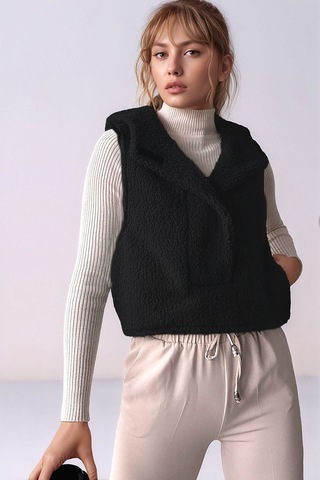 Kadın Önü Çıtçıtlı Kapüşonlu Yan Cepli Tasarım Yaka Spor Şık Crop Peluş Yelek Mavi