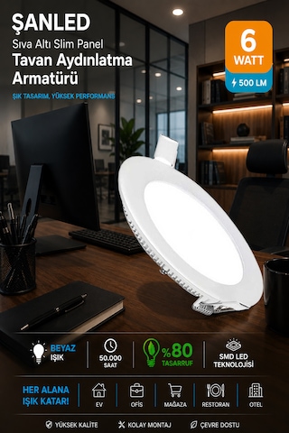 6w Tasarruflu Led Yuvarlak Beyaz Işık Sıva Altı Slim Panel Tavan Aydınlatma Armatürü 30 Adet