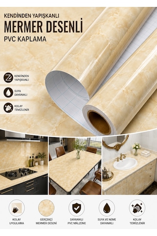 Deconitte Kendinden Yapışkanlı Sarı Mermer Desenli Pvc Kaplama Folyo Tezgah Masa Dolap 60x100cm