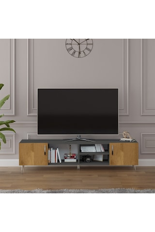 Asra Trend Tv Ünitesi T-13 %100 MDF 180 cm Tv Sehpası Dolaplı Raflı Petra-Koyu Gri