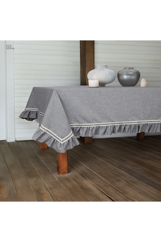 Dnc Home Tekstil Gri Antrasit Keten Özel Seri Fırfırlı Masa Örtüsü Antrasit