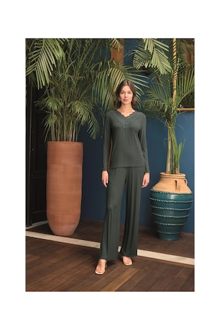 Shafag Home Herşeytrend Uzun Kollu Önü Düğmeli V Yaka Pijama Takımı Yeşil