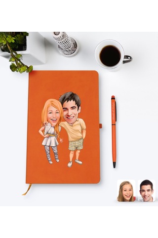 Kişiye Özel Sevgililer Karikatürlü Turuncu Termo Deri Defter Kale N11.2256