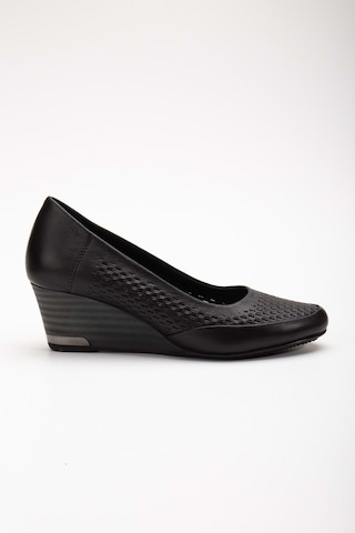 Analin Shoes Kadın Hakiki Deri Petek Baskılı Dolgu Topuklu Ayakkabı Siyah