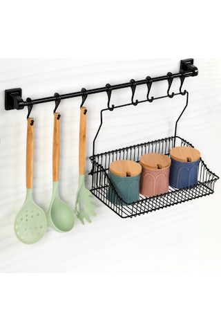Vidasız Montaj Duvar Rayı 8li Askı(45cm) Ve Sepet 30 cm