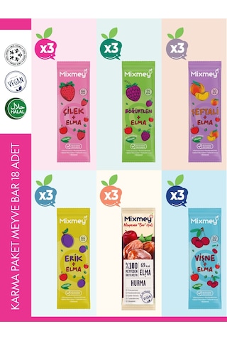 Mixmey Karma 3 Meyve Bar 18 Adet | Atıştırmalıklar – Vegan, Glutensiz, Koruyucusuz 20gr X 18 Adet