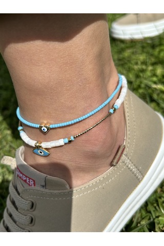 Bymerve Zarif Şık Kadın Kararmaz Sedefli Beyaz Nazarlık 2li Takım 26 Cm Boncuk Halhal Beyaz