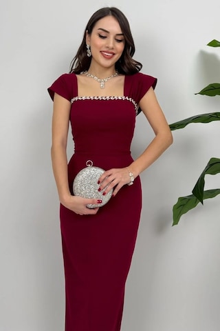 Valentia Madonna Yaka Taş İşlemeli Kalem Bordo Abiye Elbise, Zarif Davet Elbisesi Bordo