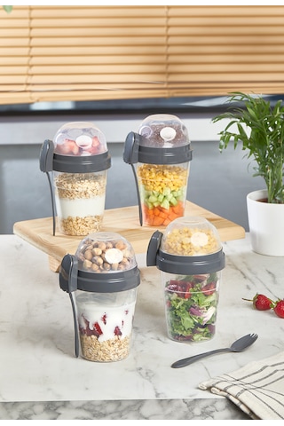 4 Adet Taşınabilir Kaşıklı Yoğurt Kabı 600 Ml + 200 Ml Saklama Haznesi Taşınabilir Beslenme Kabı Şeffaf
