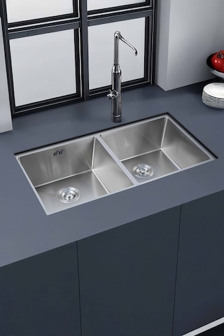 Ebrar Serisi %100 Krom 82x45 İki Göz Paslanmaz Mutfak Eviyesi, Mutfak Lavabosu Sifon Dahil Silver