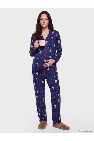 Lcw Dream Lacivert Gömlek Yaka Desenli Kadın Pijama Takımı