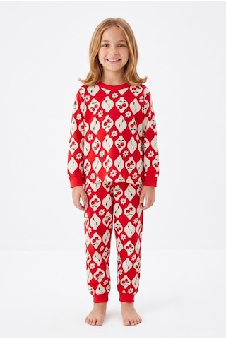 Bunny Hopp %100 Pamuk Uzun Kollu Mevsimlik Kiraz ve Çiçek Desenli Kız Çocuk Pijama Takımı Kırmızı