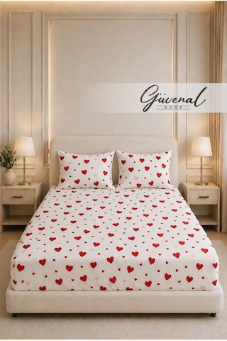 Carmen %100 Pamuk Çift Kişilik Desenli Yastık Kılıflı Lastikli Çarşaf Seti Yastık Kılıfı Lastikli Çarşaf Uyku Seti Çeyiz 180x 200 Cm - Kalp Kırmızı