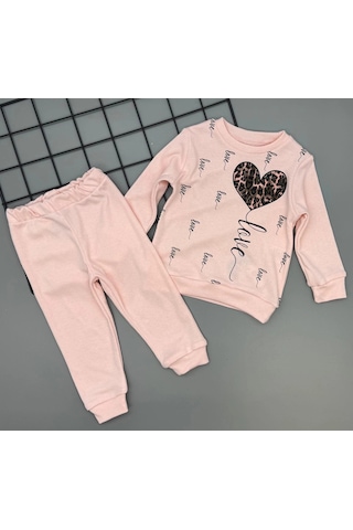 Kız Çocuk Leopar Desenli Kalp Baskılı Alt Üst İkili Gündelik Takım 1-4 Yaş SOMON