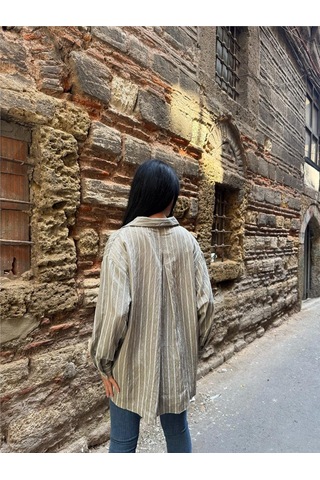 WeShaya Haki Çizgili Oversize Keten Gömlek Haki