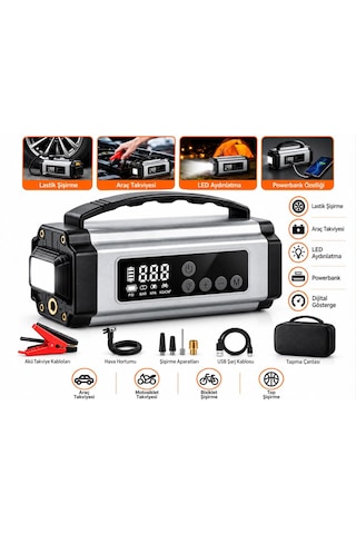 Mc6613-akü Takviye Cihazı Hava Pompası Reflektör Uyarı Işığı Camp Feneri Bisiklet Motorsiklet Araba Top Şişirmek İçin Başlık Tutma Saplı Şarj Edilebilir Powerbank Taşıma Çantalı