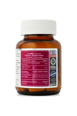 Korean Kore Ginseng Kök Ekstresi 60 Kapsül X 480 Mg Kırmızı, Panax Sepe