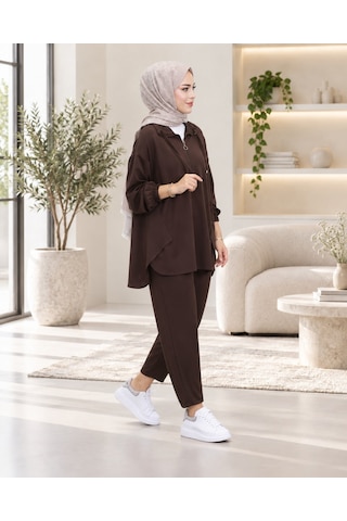Unika Boutique Kadın Yarım Fermuar Detay İkili Salaş Takım Kahverengi