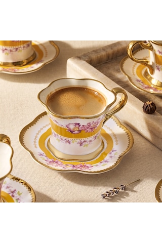 Aryıldız Lal 12 Parça 6 Kişilik Kahve Fincan Takımı Sarı 90 Ml Çok Renkli