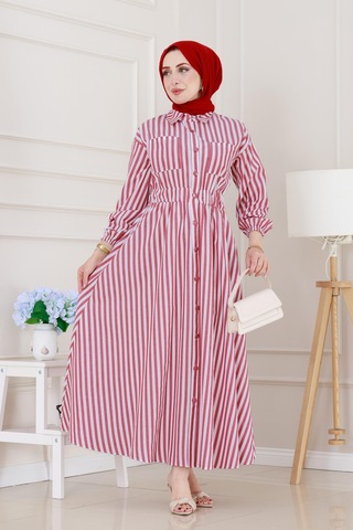 Sevitli Çizgili Cepli Tesettür Elbise-bordo-5133 Bordo