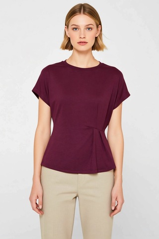 Benerly Kadın T Shirt Kayık Yaka Kısa Kol Relaxed Rahat Kalıp Büzgülü Düz Mürdüm