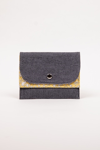 Fabric Craft Bag Kadın Cüzdan Denim Detaylı Çiçek Desenli Çıtçıtlı 15x12 Cm Gri
