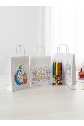 Ramazan Temalı 6lı Boyanabilir Hediye Çanta Ve 6 Renk Keçeli Kalem Seti, 8x18x23cm, 3 Desen-12 Parça