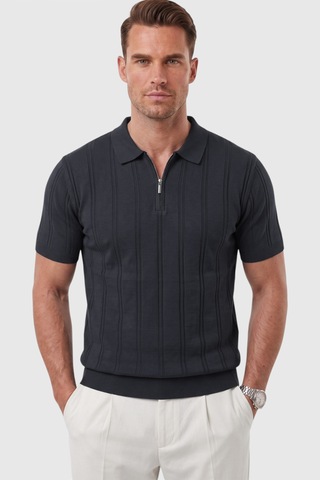 Deepsea Erkek Fermuarlı Polo Yaka Çizgi Dokulu Füme Triko Tişört Regular Fit Yumuşak Dokulu 2608007