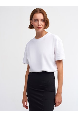 Dilvin Dekoratif Dikişli Bisiklet Yaka Kadın Tshirt Beyaz