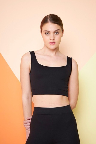 Yeşil Fitilli Kare Yaka Esnek Örme Crop Büstiyer Atlet Siyah