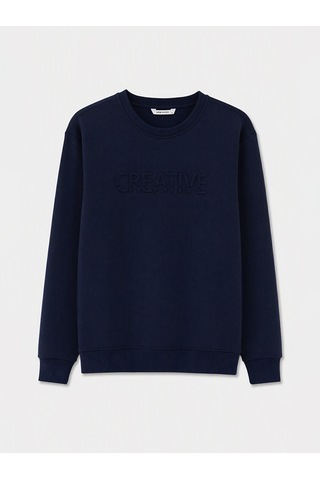 Lcw Vision Lacivert Bisiklet Yaka Baskılı Erkek Kalın Sweatshirt