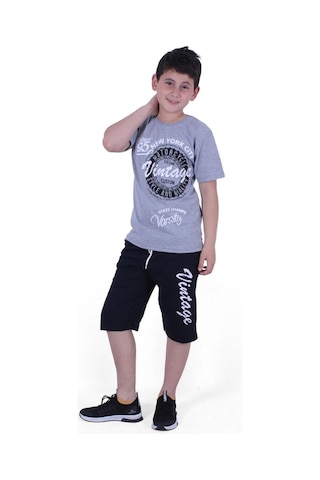 Fyk Kids Custom Yazı Baskılı Erkek Çocuk Yazlık Takım Melanj Gri